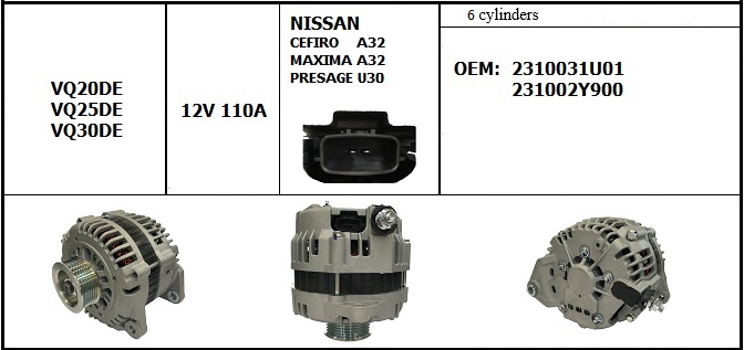 Генератор NISSAN VQ20/VQ25/VQ30 2.0L/2.5L/3.0L